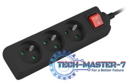 Listwa zasilająca 3m, czarna, 3 gniazda, z wyłącznikiem, kabel wykonany z pełnej miedzi