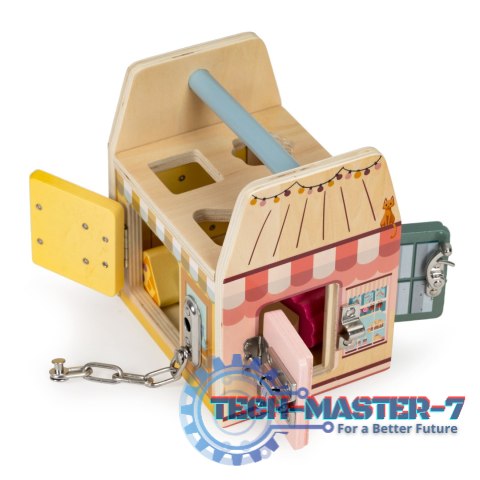 Drewniana kostka edukacyjna, sorter klockami cztery zamki, uchwyt ECOTOYS Drewniana kostka edukacyjna, sorter klockami cztery zamki, uchwyt ECOTOYS