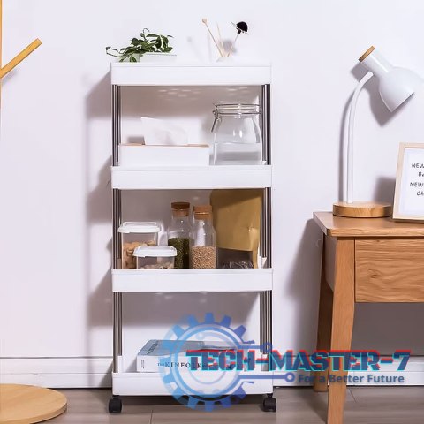 Plastikowy regał łazienkowy z 4 półkami kółka biały ModernHome Plastikowy regał łazienkowy z 4 półkami kółka biały ModernHome