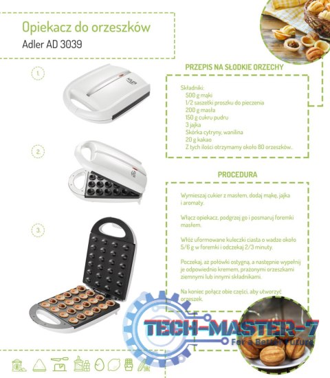 Opiekacz do orzeszków Adler AD 3039 forma do ciastek elektryczna 24 szt. XL 1600W Opiekacz do orzeszków Adler AD 3039 forma do ciastek elektryczna 24 szt. XL 1600W
