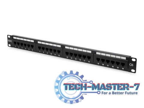 Patch panel 19" 24 porty, kat.6, U/UTP, 1U, wspornik kablowy, czarny (kompletny)
