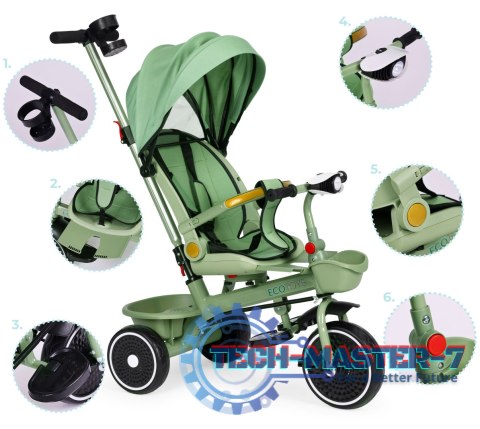 Rowerek trójkołowy spacerówka 2w1 obracane siedzisko składany daszek zielony - ECOTOYS ECOTOYS Rowerek trójkołowy spacerówka 2w1 obracane siedzisko składany daszek zielony - ECOTOYS ECOTOYS