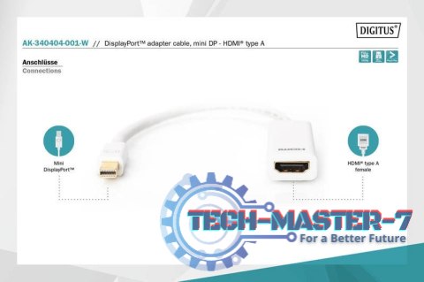 Kabel adapter Displayport 1080p 60Hz FHD Typ miniDP/HDMI A M/Ż biały 0,15m Kabel adapter Displayport 1080p 60Hz FHD Typ miniDP/HDMI A M/Ż biały 0,15m