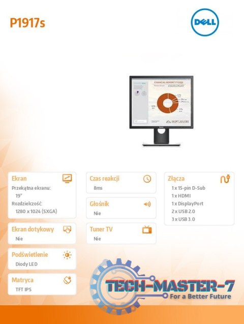Monitor P1917S 19 cali IPS LED SXGA 1280x1024 /5:4/HDMI(1.4)/DP(1.2)/VGA/2xUSB 2.0/3xUSB 3.0/3Y PPG Monitor P1917S 19 cali IPS LED SXGA 1280x1024 /5:4/HDMI(1.4)/DP(1.2)/VGA/2xUSB 2.0/3xUSB 3.0/3Y PPG