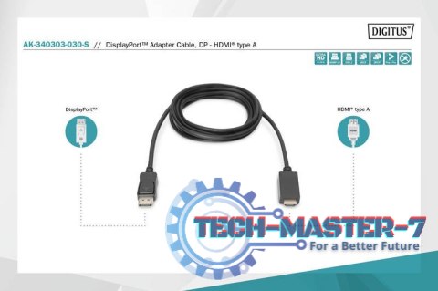 Kabel adapter DisplayPort 1.2 z zatrzaskiem 4K 60Hz UHD Typ DP/HDMI A M/M czarny 3m Kabel adapter DisplayPort 1.2 z zatrzaskiem 4K 60Hz UHD Typ DP/HDMI A M/M czarny 3m