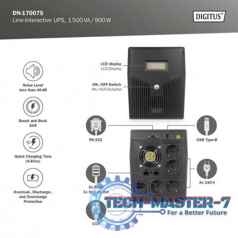 Zasilacz awaryjny UPS Line-Ineractive LCD, 1500VA/900W, 2x12V/9Ah, AVR, 4xSCHUKO, USB, RS232, RJ45 Zasilacz awaryjny UPS Line-Ineractive LCD, 1500VA/900W, 2x12V/9Ah, AVR, 4xSCHUKO, USB, RS232, RJ45