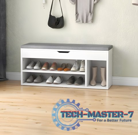 Szafka na buty z szarą poduszką i otwieranym siedziskiem 3 półki biała ModernHome Szafka na buty z szarą poduszką i otwieranym siedziskiem 3 półki biała ModernHome
