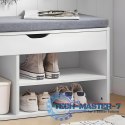 Szafka na buty z szarą poduszką i otwieranym siedziskiem 3 półki biała ModernHome