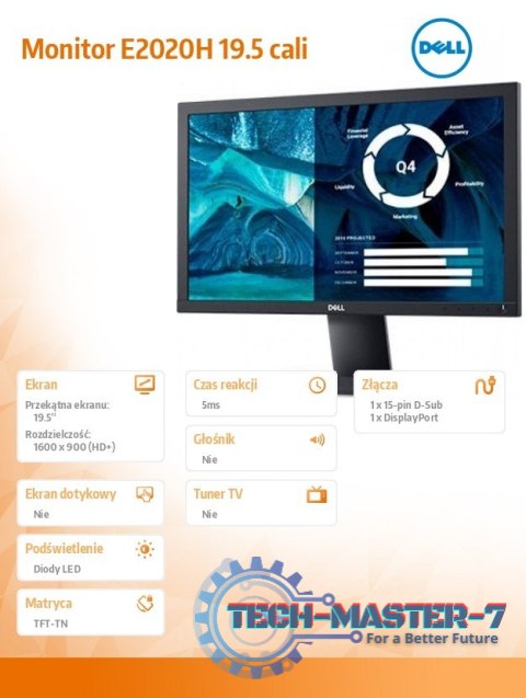 Monitor E2020H 19.5 cali LED TN (1600x900) /16:9/VGA/DP 1.2/3Y PPG Monitor E2020H 19.5 cali LED TN (1600x900) /16:9/VGA/DP 1.2/3Y PPG