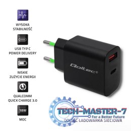 Ładowarka sieciowa | 18W | 5-12V | 1.5-3A | USB typ C PD | USB QC 3.0 | Czarna