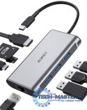 CB-C91 aluminiowy HUB USB-C | 8w1 | RJ45 Ethernet 10/100/1000Mbps | 3xUSB 3.1 | HDMI 4k@30Hz | SD i micro SD | USB-C Power Deliv