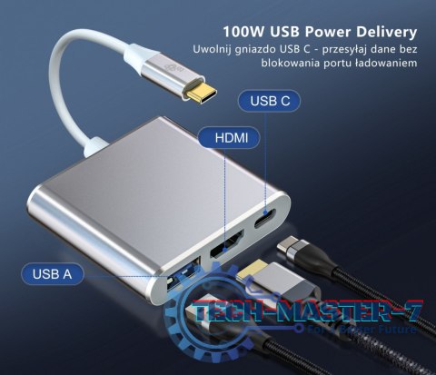 Adapter HUB USB C 3w1 - HDMI, USB, PD srebrny Adapter HUB USB C 3w1 - HDMI, USB, PD srebrny