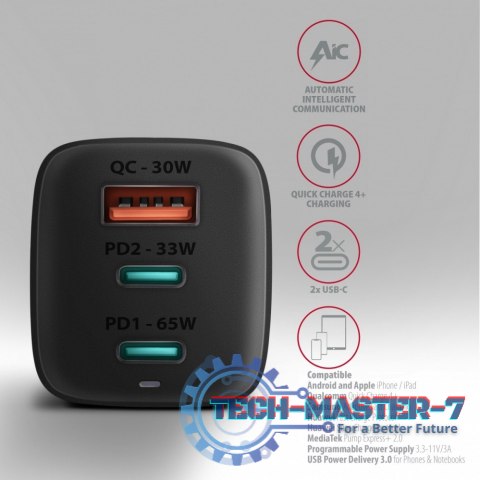 ACU-DPQ65 Ładowarka sieciowa, GaN 65W, 3x port (USB-A + dual USB-C), PD3.0/QC4+/PPS/Apple, czarna ACU-DPQ65 Ładowarka sieciowa, GaN 65W, 3x port (USB-A + dual USB-C), PD3.0/QC4+/PPS/Apple, czarna