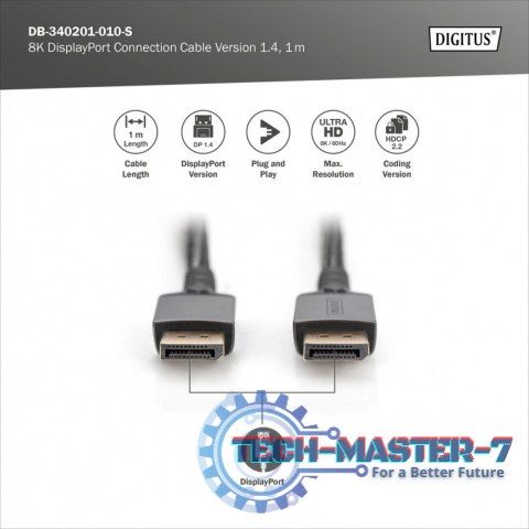 Kabel połączeniowy PREMIUM DisplayPort 8K60Hz UHD DP/DP M/M 1m Czarny Kabel połączeniowy PREMIUM DisplayPort 8K60Hz UHD DP/DP M/M 1m Czarny