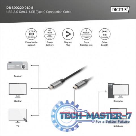Kabel połączeniowy USB 3.0 60W/5Gbps Typ USB C/USB C M/M 1m Czarny Kabel połączeniowy USB 3.0 60W/5Gbps Typ USB C/USB C M/M 1m Czarny