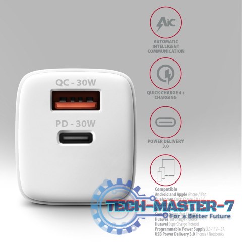ACU-PQ30W Ładowarka sieciowa PD & QC 30W, QC3.0,4.0/AFC/FCP/PPS/Apple Biała ACU-PQ30W Ładowarka sieciowa PD & QC 30W, QC3.0,4.0/AFC/FCP/PPS/Apple Biała