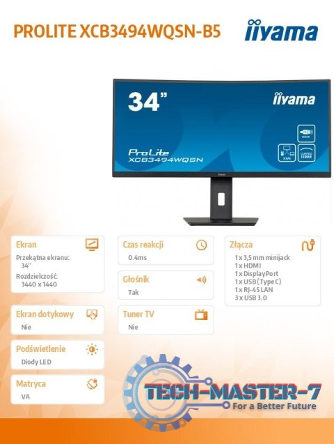 Monitor 34 cale XCB3494WQSN-B5 VA,UWQHD,1500R,USB-cDock,KVM,HAS(150mm) Monitor 34 cale XCB3494WQSN-B5 VA,UWQHD,1500R,USB-cDock,KVM,HAS(150mm)
