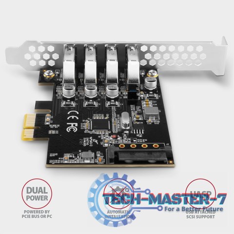 PCEU-43RS Kontroler PCIe 4x port USB 3.2 GEN 1, UASP, chipset Renesas, 15-pin SATA zasilacz, dual power PCEU-43RS Kontroler PCIe 4x port USB 3.2 GEN 1, UASP, chipset Renesas, 15-pin SATA zasilacz, dual power