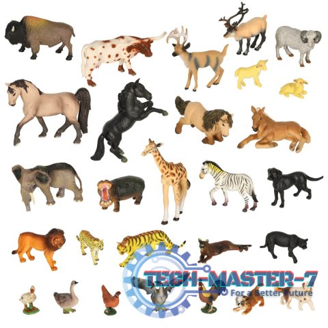 Figurki zwierząt zwierzęta zoo safari farma akcesoria skrzynka 28el.