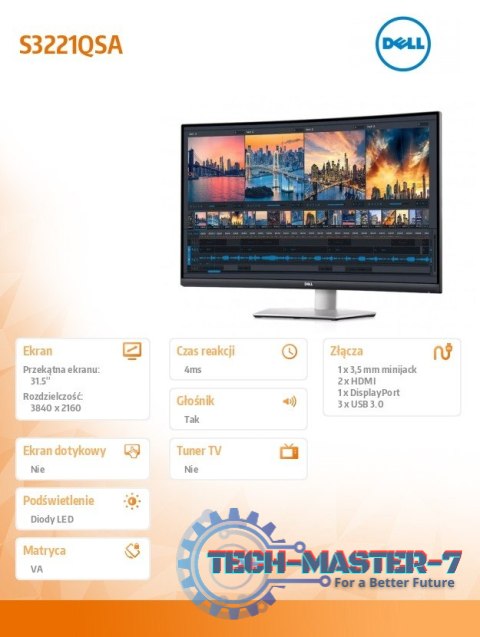 Monitor zakrzywiony 31.5 cala S3221QSA VA 4K (3840x2160)/16:9/HDMI/DP/USB/ /Speakers/3Y Monitor zakrzywiony 31.5 cala S3221QSA VA 4K (3840x2160)/16:9/HDMI/DP/USB/ /Speakers/3Y