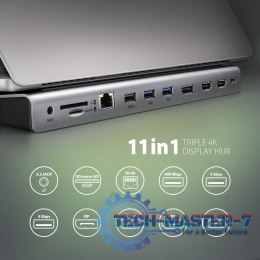 HMC-4KX3 Wieloportowy hub USB 11in1, 5Gbps, 3x USB-A, 2x HDMI 4K/60Hz+ DP 4K/60Hz+ GLAN + SD/microSD + audio, PD 100W, 40cm USB-