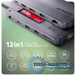 HMC-12GM2 Wieloportowy hub USB 12in1 + M.2 NVMe/SATA pozycja, 10Gbps, 3x USB-A, USB-C, HDMI 4K/60Hz, DP 4K/60Hz, GLAN, SD/microS