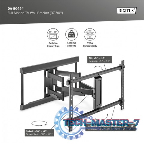 Uchwyt ścienny do TV 37-80" max. obciążenie 60kg, VESA max. 600x400 z regulacją w pionie i poziomie Uchwyt ścienny do TV 37-80" max. obciążenie 60kg, VESA max. 600x400 z regulacją w pionie i poziomie