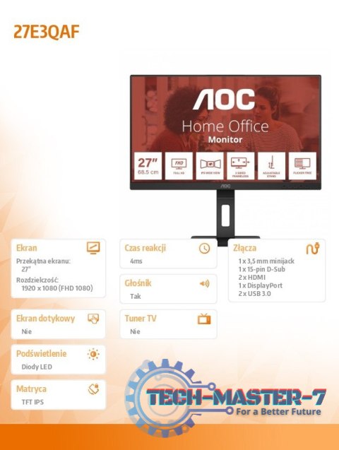 Monitor 27E3QAF 27 cali IPS HDMI DP Pivot Głośniki Monitor 27E3QAF 27 cali IPS HDMI DP Pivot Głośniki