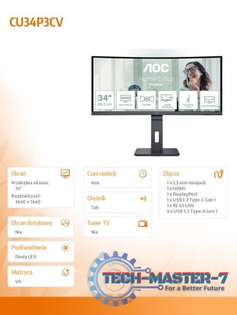 Monitor CU34P3CV 34 cale 100Hz Curved VA HDMI DP USB-C Monitor CU34P3CV 34 cale 100Hz Curved VA HDMI DP USB-C