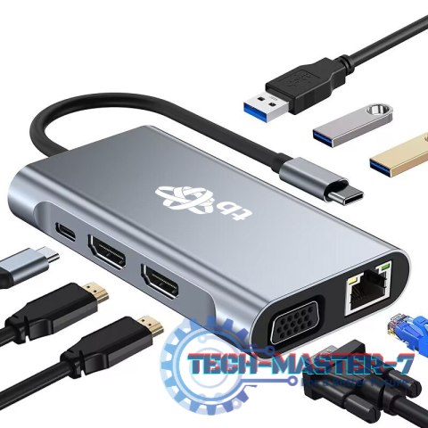 HUB Adapter USB C 8w1 HDMIx2 USB VGA RJ45 PD HUB Adapter USB C 8w1 HDMIx2 USB VGA RJ45 PD
