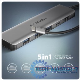 HMC-5H Wieloportowy hub USB 5in1, 5Gbps, 3x USB-A, HDMI 4K/30Hz, PD 100W, 100cm USB-C kabel