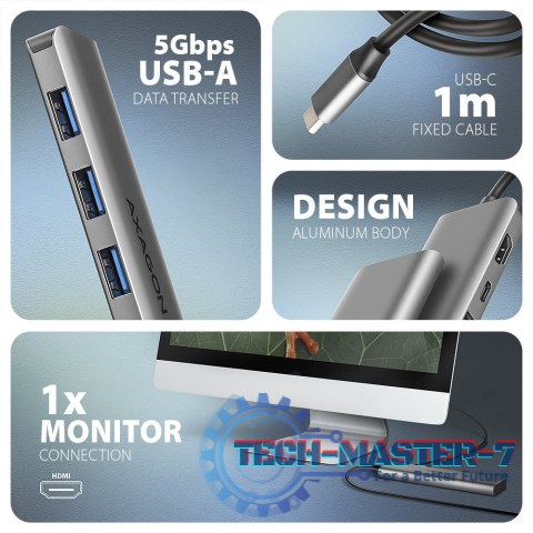HMC-5H Wieloportowy hub USB 5in1, 5Gbps, 3x USB-A, HDMI 4K/30Hz, PD 100W, 100cm USB-C kabel HMC-5H Wieloportowy hub USB 5in1, 5Gbps, 3x USB-A, HDMI 4K/30Hz, PD 100W, 100cm USB-C kabel