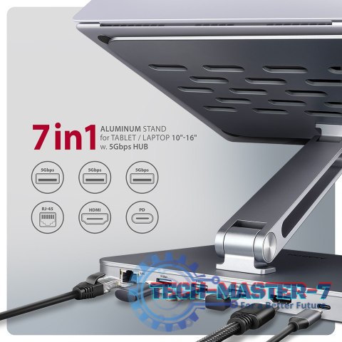 HMC-STND Stojak z wieloportowy hub Aluminiowy 7in1, 5Gbps, do 10"-16" cali laptopów, nastawny, 3x USB-A, HDMI 4K/60Hz, GLAN, PD HMC-STND Stojak z wieloportowy hub Aluminiowy 7in1, 5Gbps, do 10"-16" cali laptopów, nastawny, 3x USB-A, HDMI 4K/60Hz, GLAN, PD