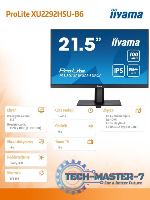 Monitor 21.5 cala ProLite XU2292HSU-B6 IPS,100Hz,FreeSync,SLIM,HDMI,DP,2x2W, 4xUSB(3.2),0.4ms Monitor 21.5 cala ProLite XU2292HSU-B6 IPS,100Hz,FreeSync,SLIM,HDMI,DP,2x2W, 4xUSB(3.2),0.4ms