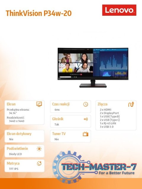 Monitor 34.14 cala ThinkVision P34w-20 WLED LCD 63F2RAT3EU Monitor 34.14 cala ThinkVision P34w-20 WLED LCD 63F2RAT3EU