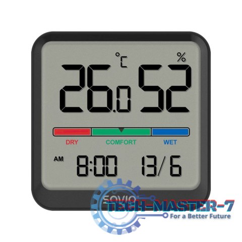 Czujnik temperatury i wilgotności, do użytku wewnętrznego, ekran LCD, zegar, data, uchwyt z magnesem, CT-01/B Czarny