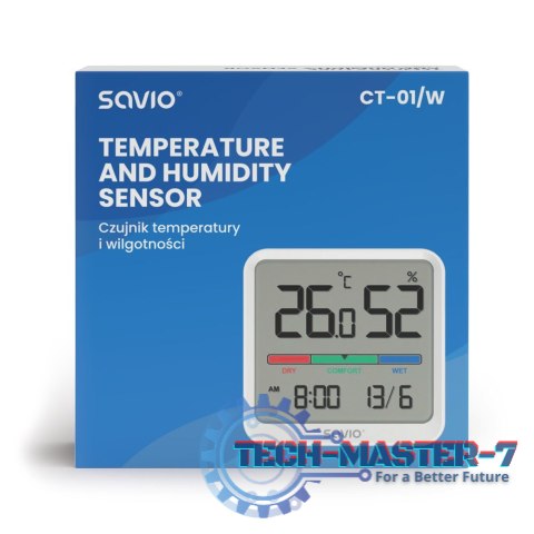 Czujnik temperatury i wilgotności, do użytku wewnętrznego, ekran LCD, zegar, data, uchwyt z magnesem, CT-01/W Biały Czujnik temperatury i wilgotności, do użytku wewnętrznego, ekran LCD, zegar, data, uchwyt z magnesem, CT-01/W Biały