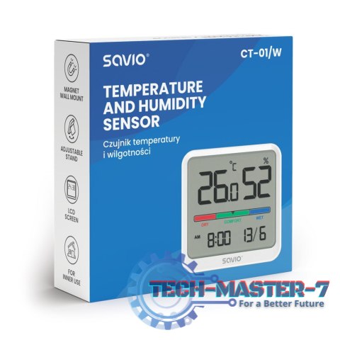 Czujnik temperatury i wilgotności, do użytku wewnętrznego, ekran LCD, zegar, data, uchwyt z magnesem, CT-01/W Biały Czujnik temperatury i wilgotności, do użytku wewnętrznego, ekran LCD, zegar, data, uchwyt z magnesem, CT-01/W Biały