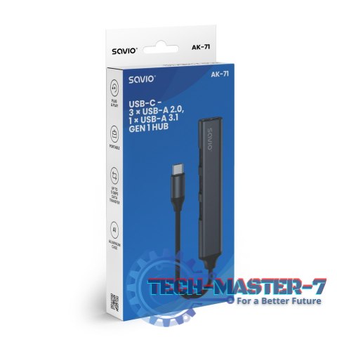 Hub 4 porty USB-C - 3 x USB-A 2.0, 1 x USB-A 3.1 3.1 GEN 1, 5 Gbps, AK-71 Hub 4 porty USB-C - 3 x USB-A 2.0, 1 x USB-A 3.1 3.1 GEN 1, 5 Gbps, AK-71