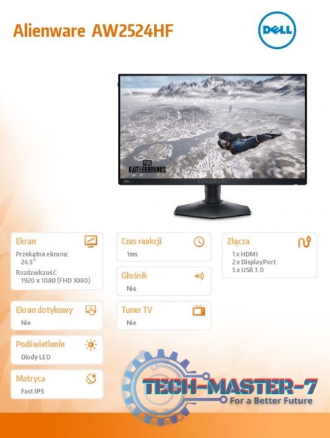 Monitor Alienware AW2524HF 24.5 cala AMD FreeSync Premium 500Hz Full HD (1920x1080)/16:9/DP/HDMI/USB/3Y AES&PPE Monitor Alienware AW2524HF 24.5 cala AMD FreeSync Premium 500Hz Full HD (1920x1080)/16:9/DP/HDMI/USB/3Y AES&PPE