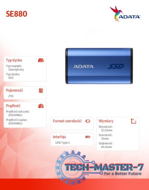 Dysk zewnętrzny SSD SE880 2TB USB3.2A/C Gen2x2 Niebieski Dysk zewnętrzny SSD SE880 2TB USB3.2A/C Gen2x2 Niebieski
