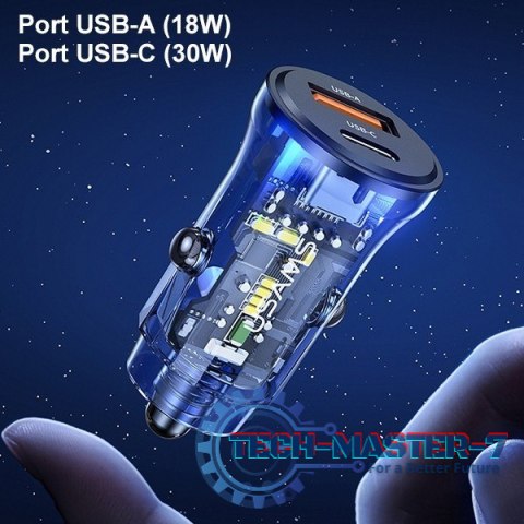 Ładowarka samochodowa 30W 1xUSB+1xUSB-C fast charge Niebieska Ładowarka samochodowa 30W 1xUSB+1xUSB-C fast charge Niebieska