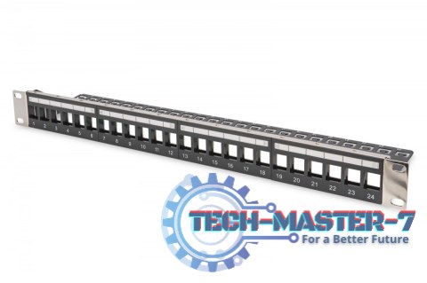Panel krosowy (patch panel) modularny 19" 24 porty pod moduły keystone, 1U, ekranowany, prowadnica kabli, wymienne pola opisowe Panel krosowy (patch panel) modularny 19" 24 porty pod moduły keystone, 1U, ekranowany, prowadnica kabli, wymienne pola opisowe