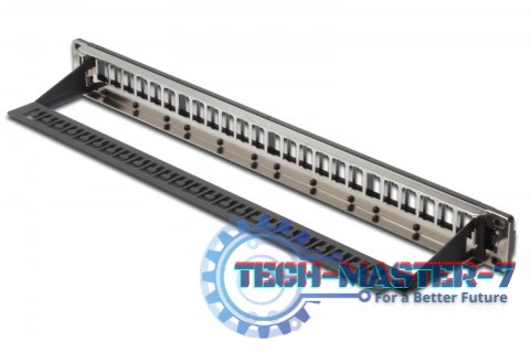Panel krosowy (patch panel) modularny 19" 24 porty pod moduły keystone, 1U, ekranowany, prowadnica kabli, wymienne pola opisowe Panel krosowy (patch panel) modularny 19" 24 porty pod moduły keystone, 1U, ekranowany, prowadnica kabli, wymienne pola opisowe