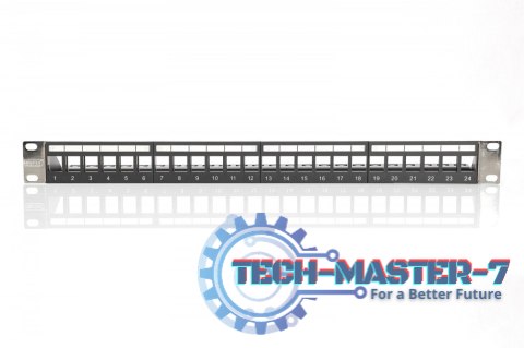 Panel krosowy (patch panel) modularny 19" 24 porty pod moduły keystone, 1U, ekranowany, prowadnica kabli, wymienne pola opisowe Panel krosowy (patch panel) modularny 19" 24 porty pod moduły keystone, 1U, ekranowany, prowadnica kabli, wymienne pola opisowe