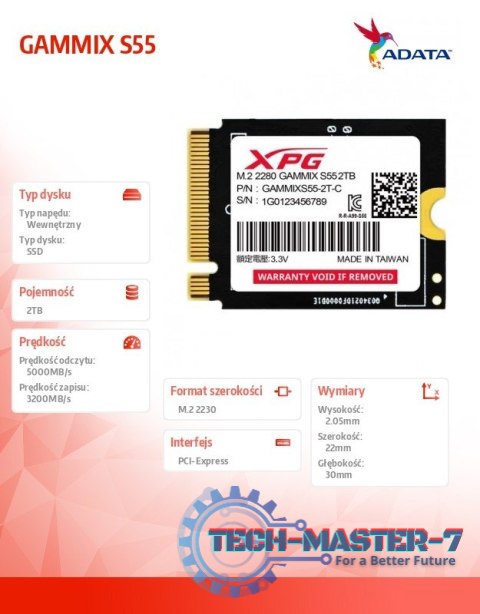 Dysk SSD XPG GAMMIX S55 2TB PCIe 4x4 5/3.2GB/s M2230 Dysk SSD XPG GAMMIX S55 2TB PCIe 4x4 5/3.2GB/s M2230